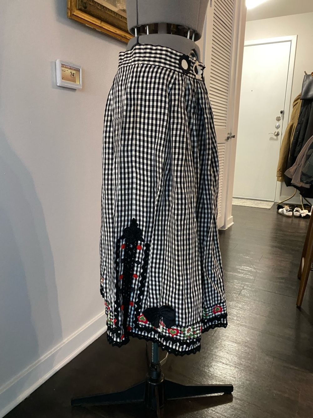 Vintage Handmade Black & White Gingham A-Line Skirt with Floral Trim - Picture 2 of 7